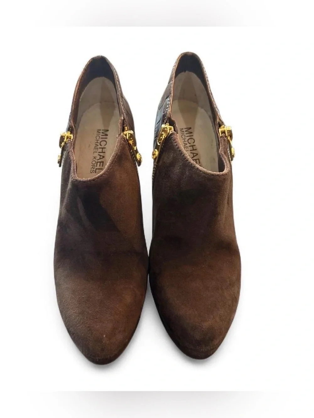 Michael Kors Brown Suede Croc Embossed Gold Zip Booties 5